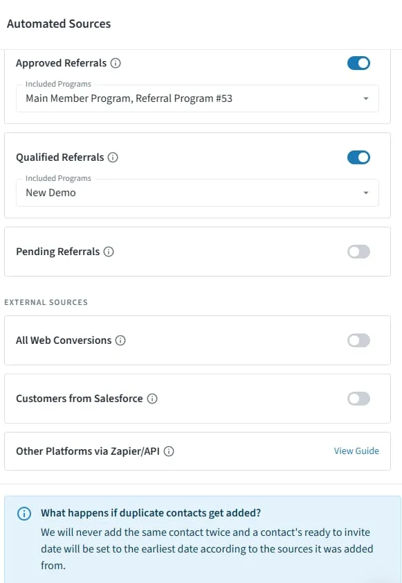Automated Sources settings, with approved and qualified referrals switched on per program alongside external sources