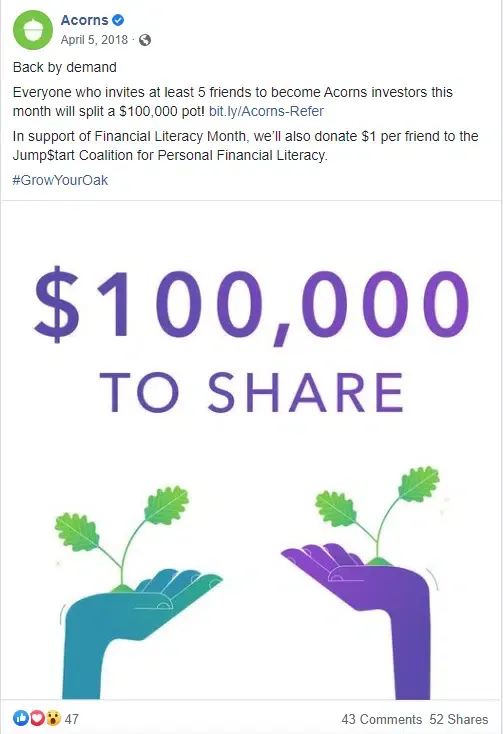 acorns referral program ask on facebook