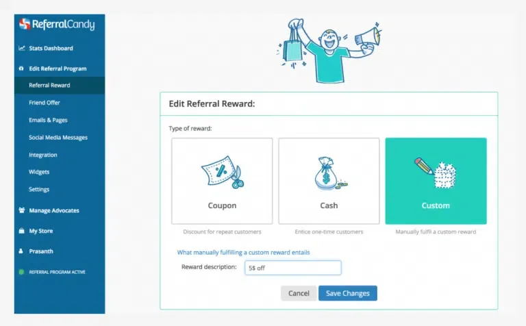referral candy referralcandy user interface. customer referral program interface. customer referral user interface. referral reward program. customer referral bonus. shopify website interface.