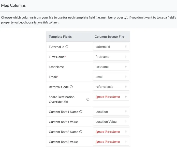The importer Map Columns step, matching template fields such as first name, email, and referral code to the columns in the uploaded file