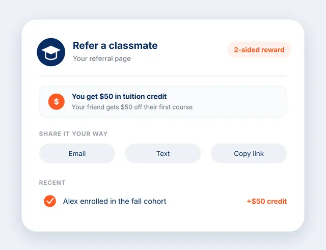 The referral page a student sees, with a shared tuition credit, one-click share options, and a friend's completed enrollment