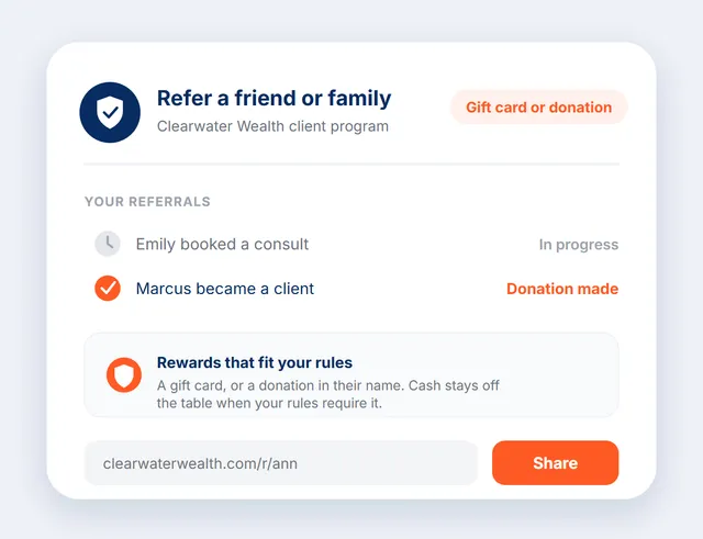 The referral page an advisory client sees, with a consult booked, a new client rewarded with a donation, and compliance-friendly reward options