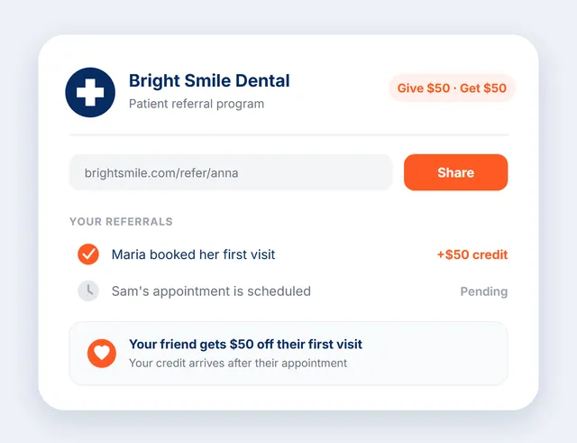The referral card a dental patient sees, with a shared reward, share options, and a friend's booked first visit