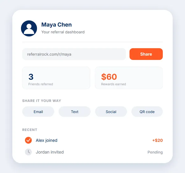Branded member portal showing referral and reward tracking