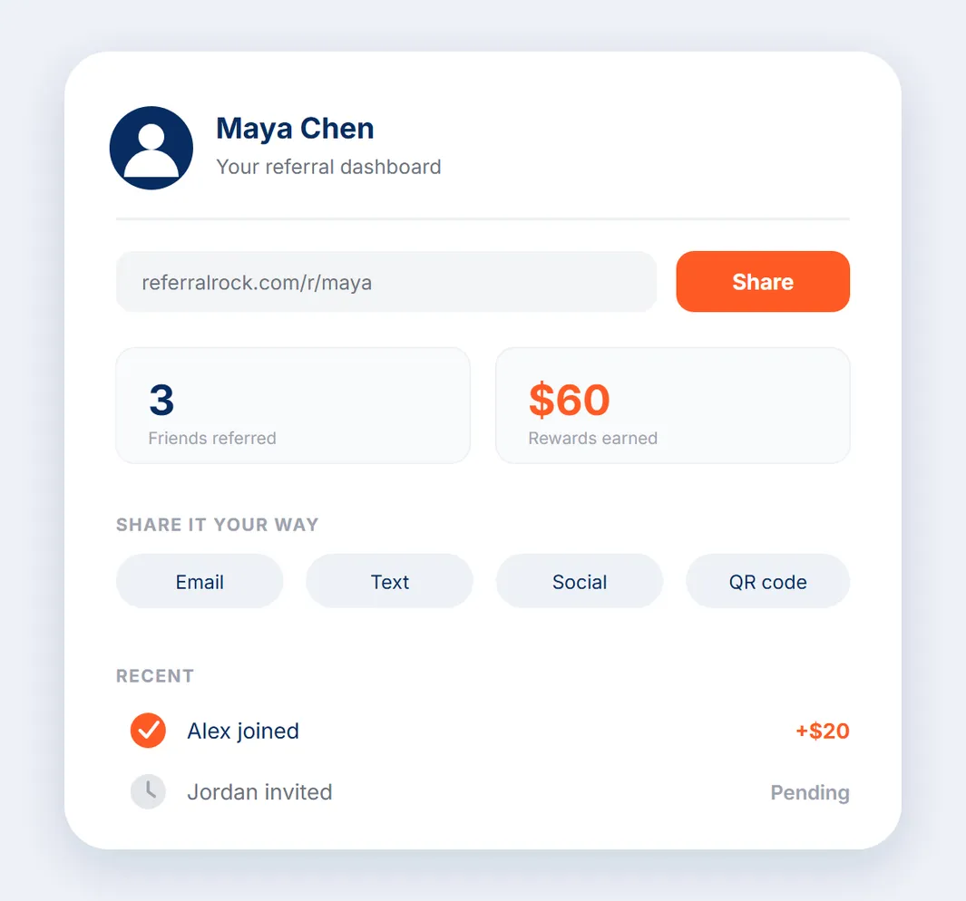 A member's personal dashboard showing their share link, referral count, and reward balance