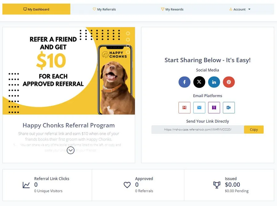 The member portal dashboard showing the program offer, share options, and referral and reward stats