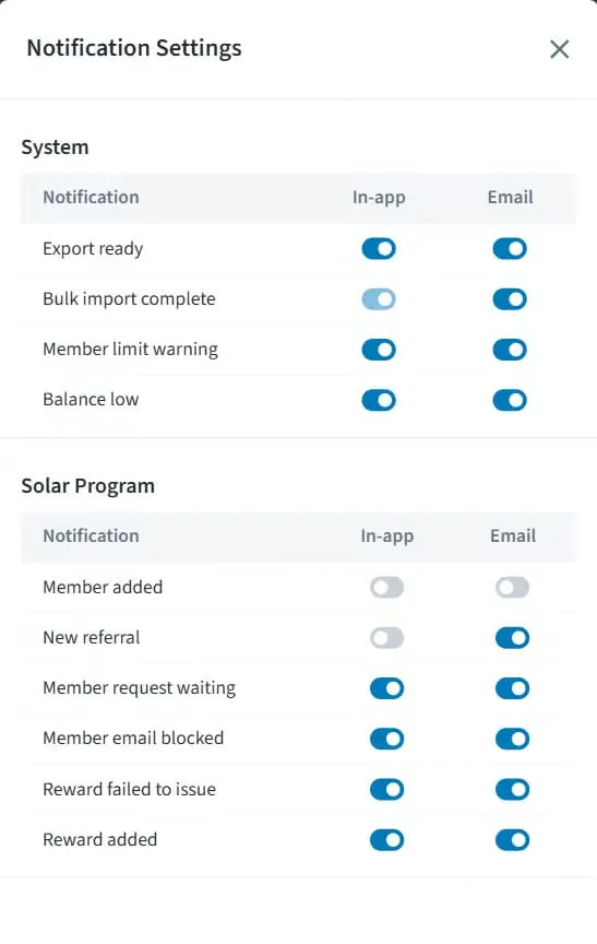 Notification settings showing each alert with separate in-app and email switches, grouped by system and by program