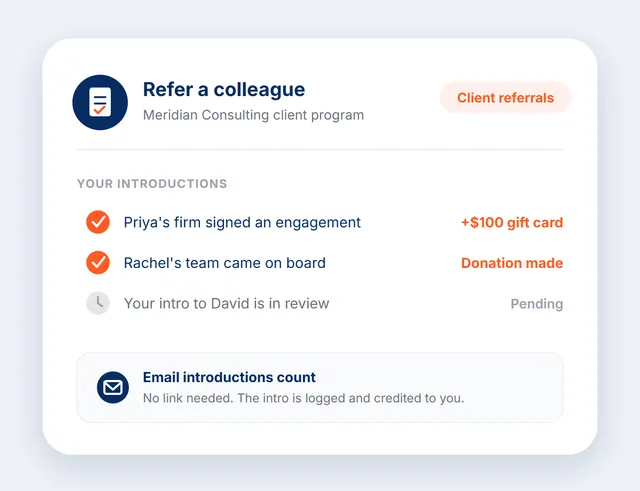 The referral page a consulting client sees, with an introduced colleague's engagement signed and a note that email intros are credited without a link