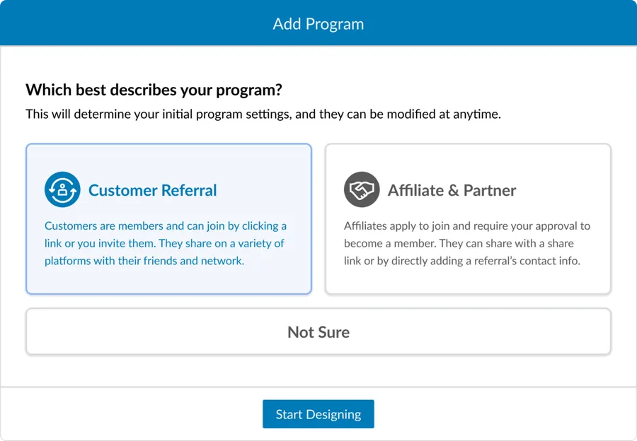 The Add Program step asking which type best describes the program, with customer referral, affiliate and partner, and a not sure option