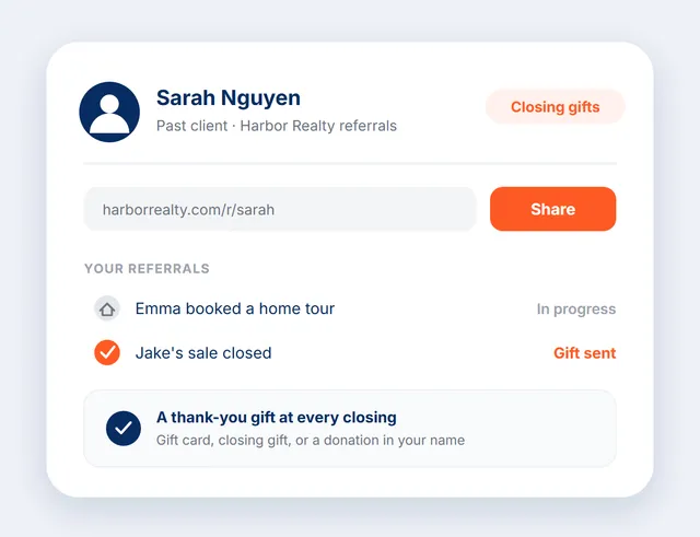 The referral page a past real estate client sees, with a referred friend's home tour booked and a reward sent at closing