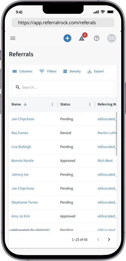 The referrals admin list showing each referral with its status and the member who referred it
