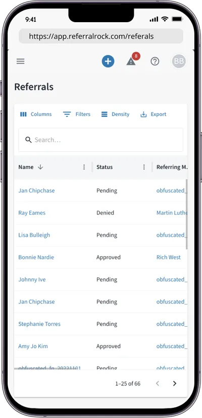 The referrals admin list showing names, statuses, and referring members, with columns, filters, and export
