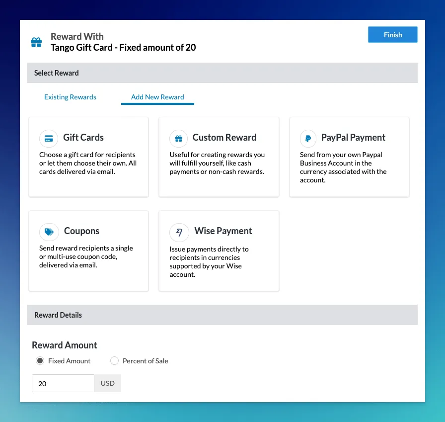 The reward builder showing two-sided, tiered, and recurring reward options