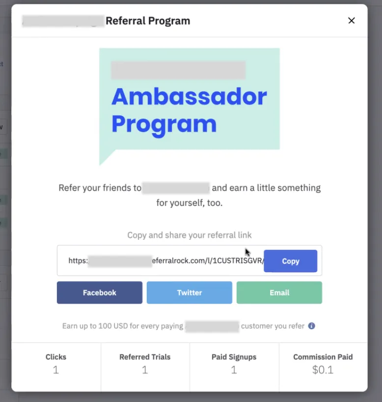 A member's share options across social, email, and a direct link, with their referral link attached