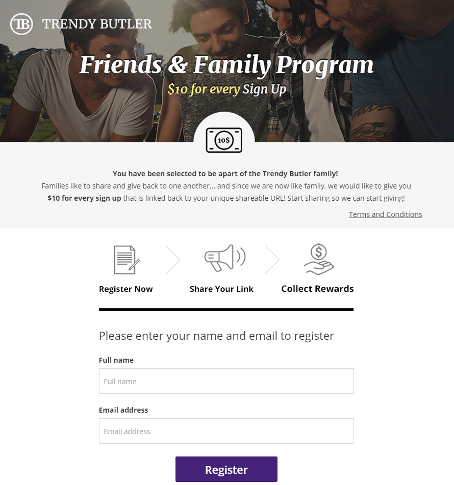 trendy butler referral program landing page