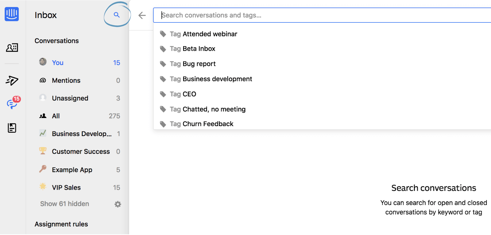 Someone typing in a search bar for different tags on a customer support platform