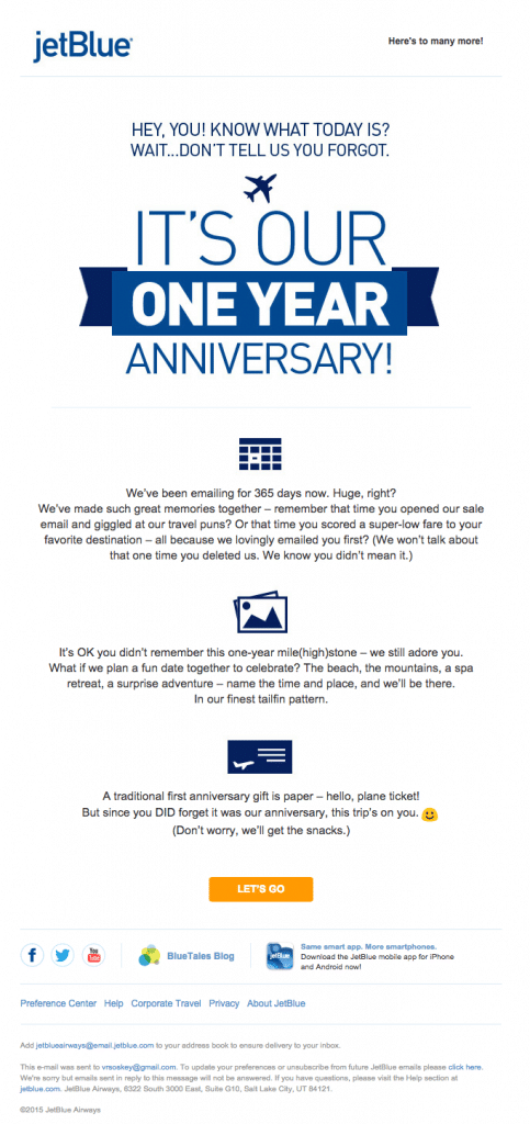 jetblue personalized email