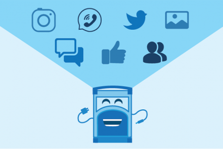 Referral Rock character with social icons floating above him