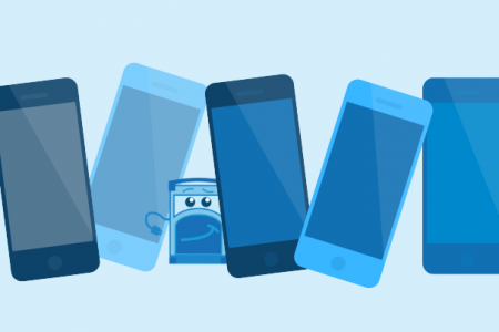 Referral Rock character standing among mobile devices