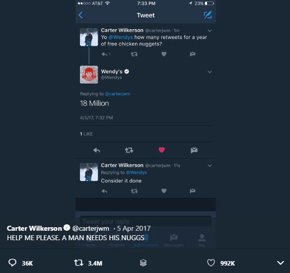 A screenshot of the Twitter conversation between Wendy's and Carter Wilkinson regarding the promise of a year's worth of chicken nuggets