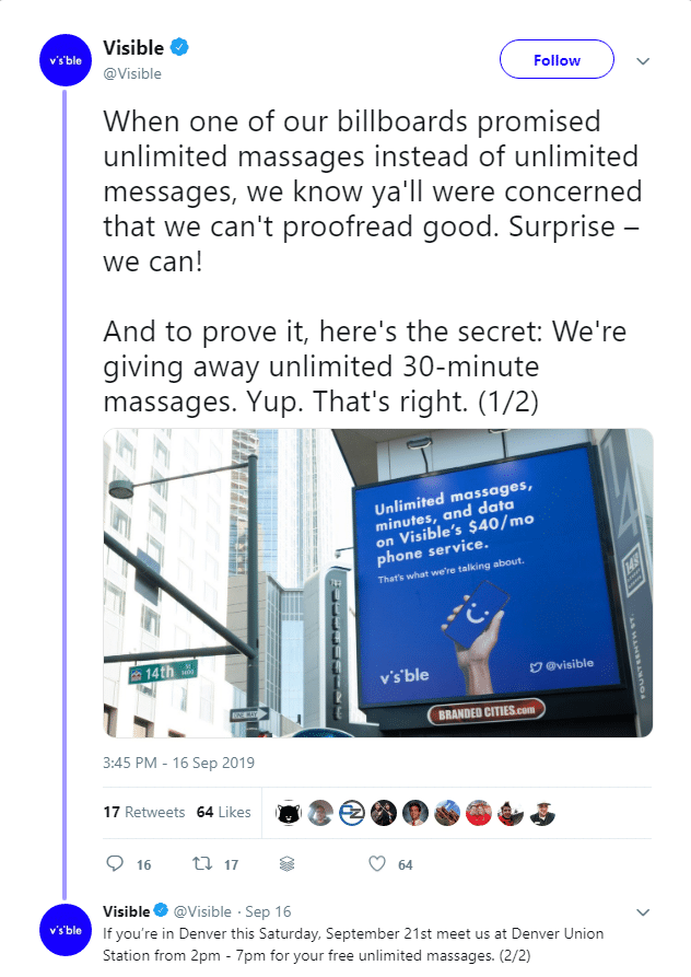  A social media post from brand Visible letting users know that they would be offering free massages