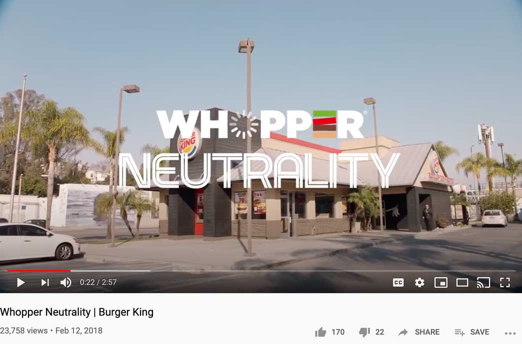 Video still from Burger King's "Whopper Neutrality" viral PSA video