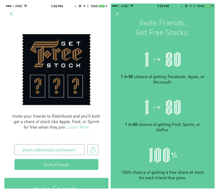 Image from Robinhood's app advertising the benefits of inviting friends to the app