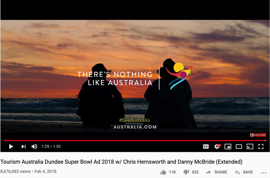 Screenshot of YouTube video of ad created for Australia Tourism for the Super Bowl that made a parody Crocodile Dundee reboot movie