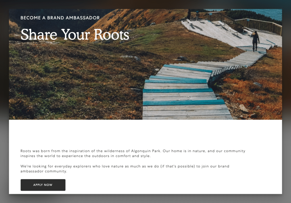 Roots brand ambassador program page