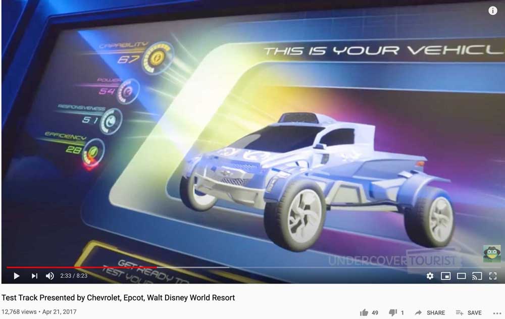 A screen showing a designed Chevrolet vehicle from the Walt Disney World Test Track ride at EPCOT.