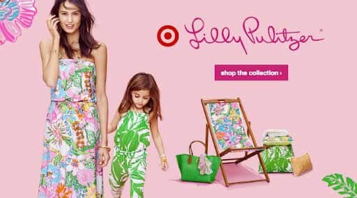 A Lilly Pulitzer image from Target's website, showing adult and child models wearing the clothes alongside some bags and a chair.