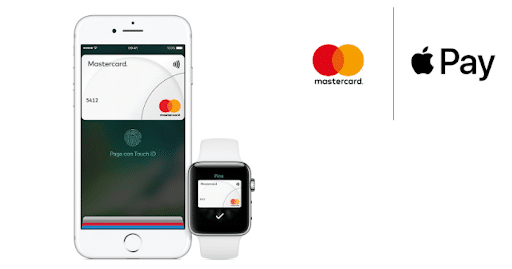 Mastercard and Apple Pay's strategic alliance example, showing an Apple Watch and iPhone displaying a Mastercard.