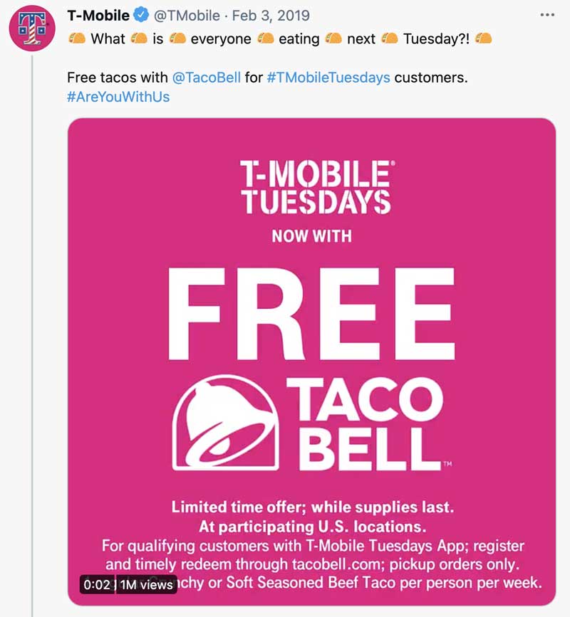 A Tweet advertising T-Mobile Taco Tuesdays with Taco Bell: "What is everyone eating next Tuesday?"