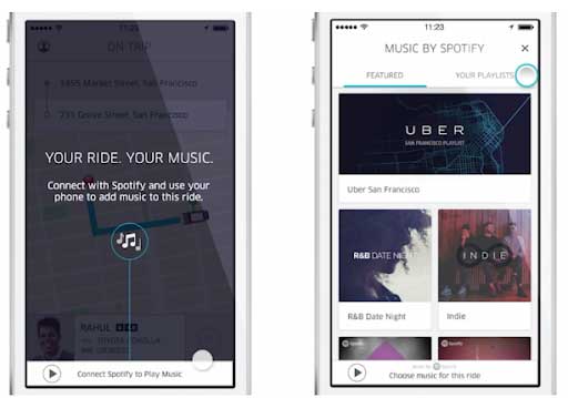 A phone displaying Uber connecting to Spotify