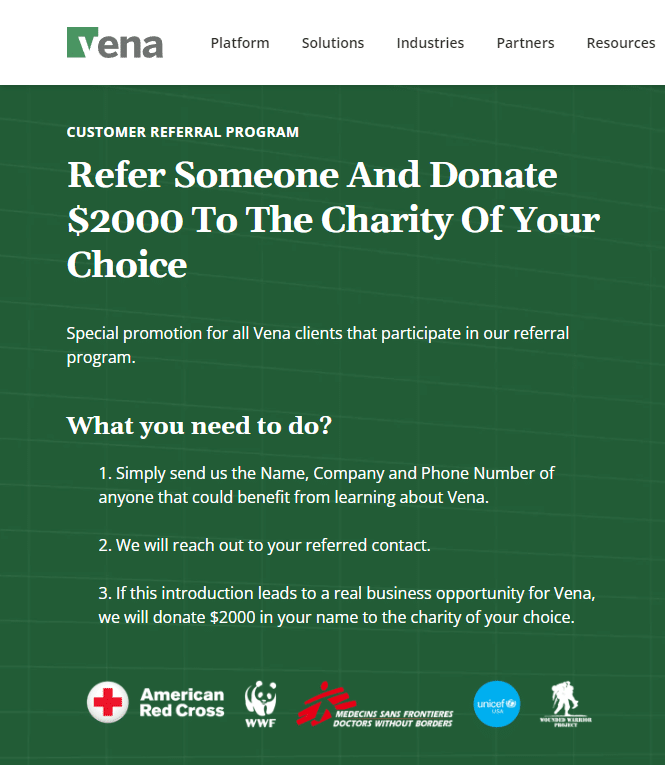 vena charity referral reward