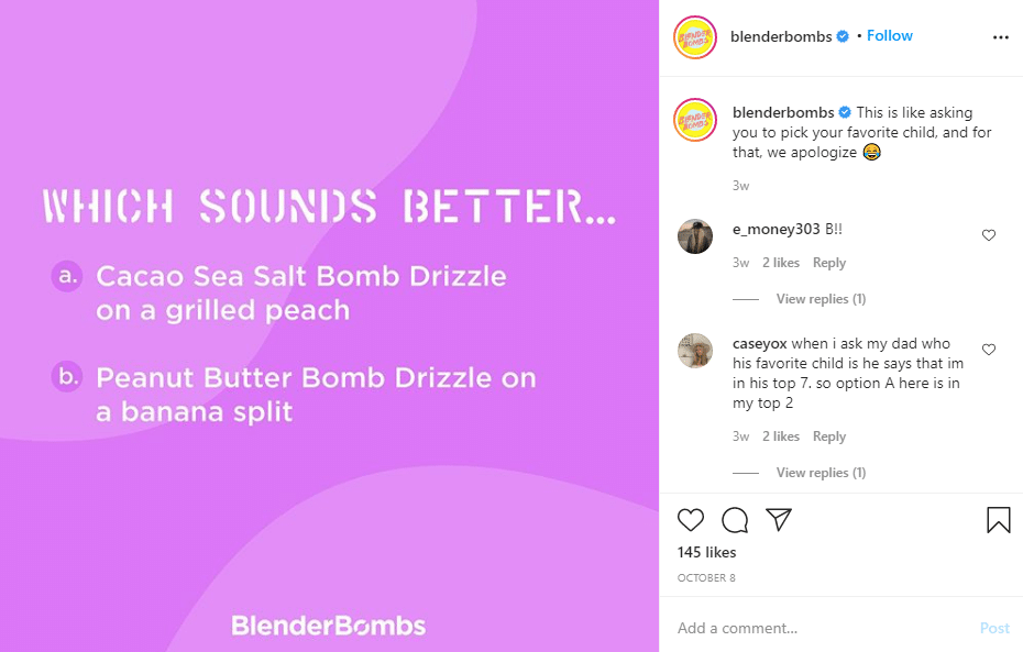 blender bombs question on instagram
