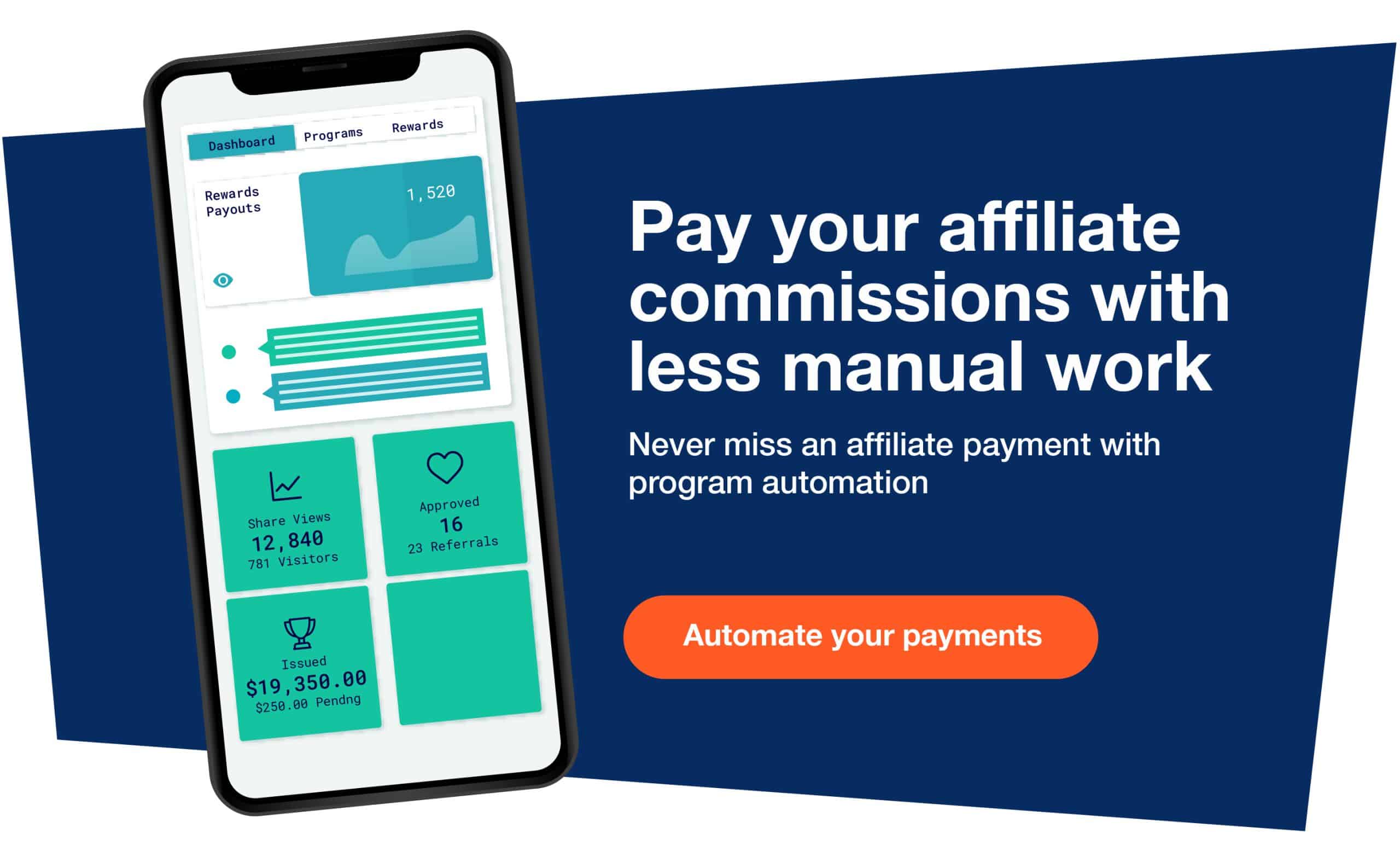  A mobile phone displaying a dashboard of an affiliate marketing program with high commission rates and long cookie durations.