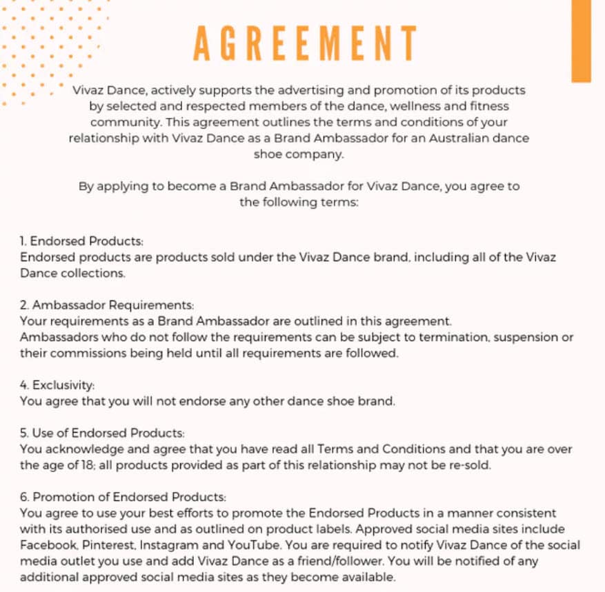 vivaz brand ambassador agreement portion