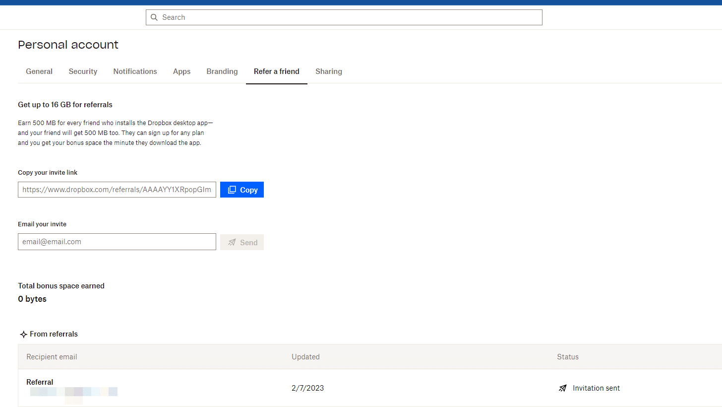dropbox referral program dashboard - get up to 16gb for referrals