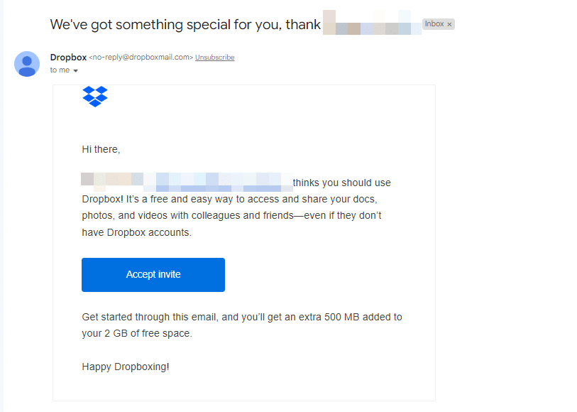 dropbox referral program message - something special for you thanks to your friend