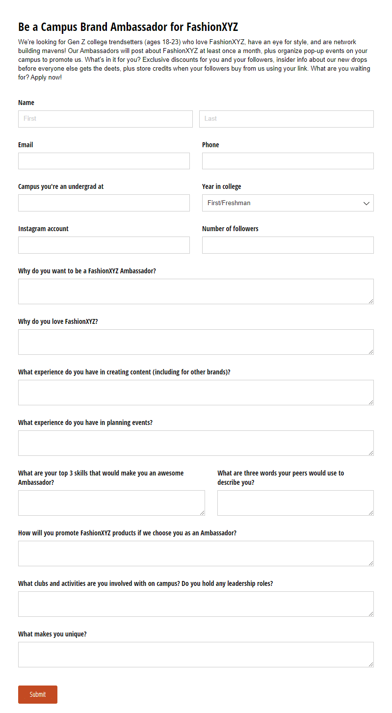 sample brand ambassador application form template