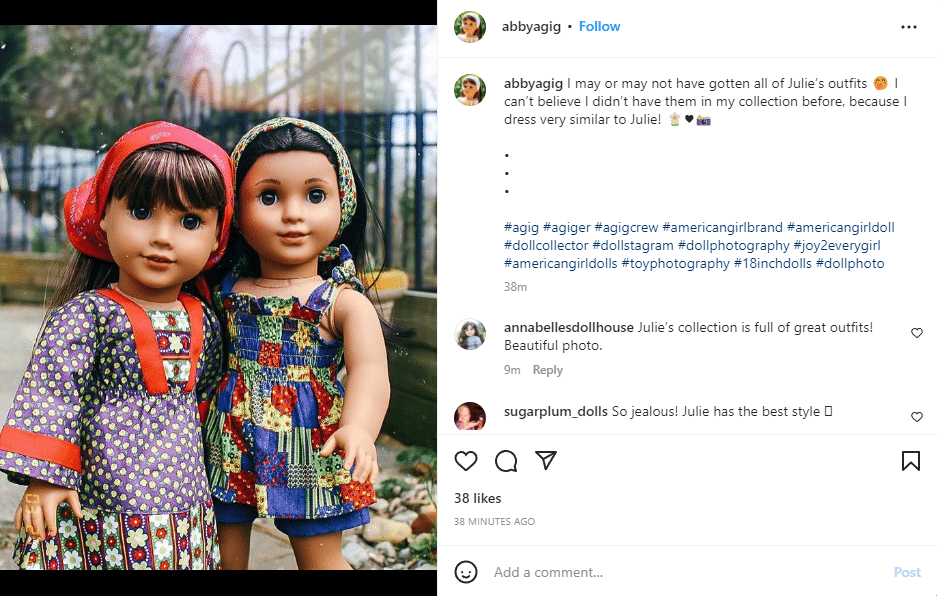 earned media shared media example (american girl instagram post by a fan)