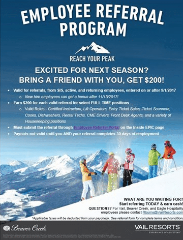how to promote employee referral programs: vail resorts referral flyer