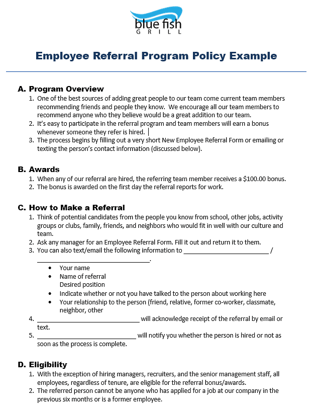blue fish employee referral policy