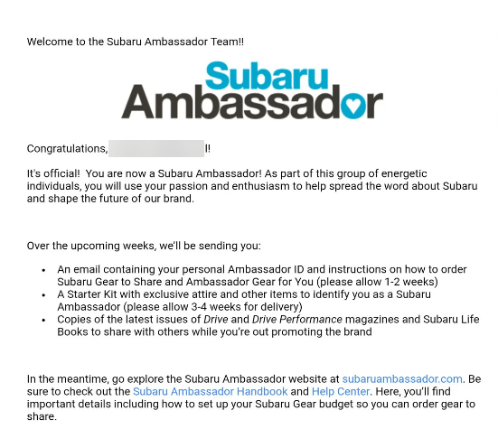 brand ambassador welcome letter subaru