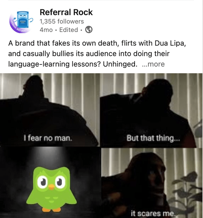 Duo, the Duolingo mascot, is scaring a shadowy figure.