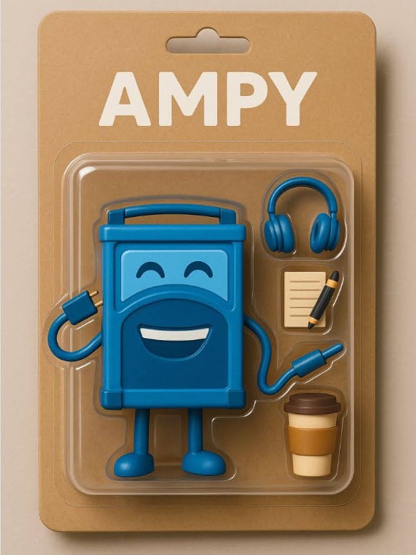 A packaged action figure version of the Referral Rock mascot Ampy. a blue guitar amp, with headphones, notes, and coffee