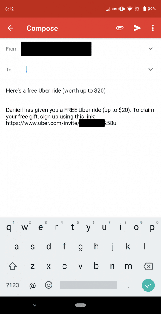 uber email awarding a free ride